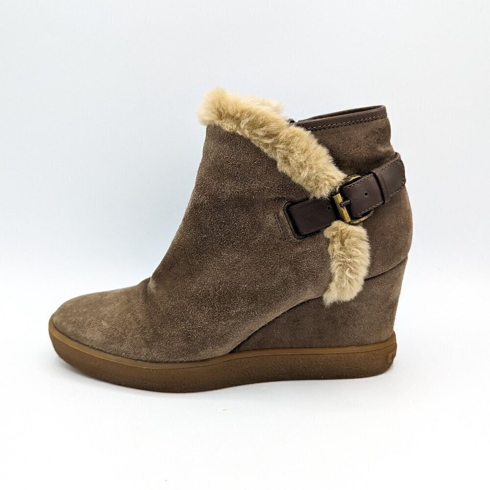 Aquatalia Shearling Bootie Taupe Suede Wedge Boots Sherpa Size 9 (40) Italy